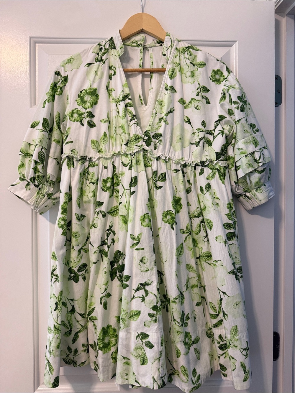 Anthropologie Maeve White Dress with Green Leaf Print